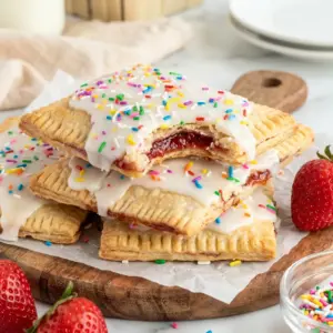 Strawberry Sheet Pan Pop Tart sliced into squares with icing and sprinkles, styled as one of the easiest Fun Desserts For A Crowd.