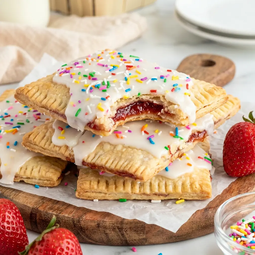 Strawberry Sheet Pan Pop Tart sliced into squares with icing and sprinkles, styled as one of the easiest Fun Desserts For A Crowd.