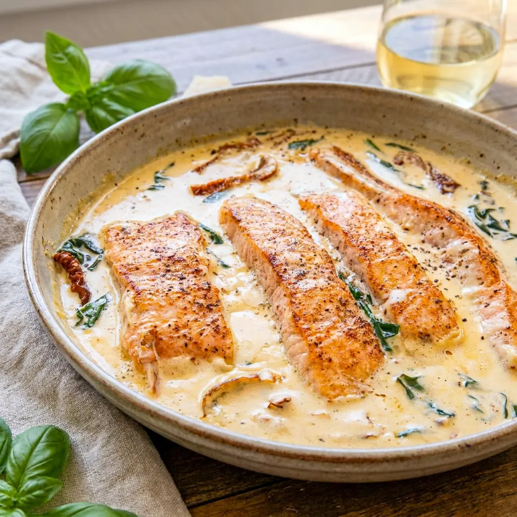 A creamy pan-seared fish dish featuring Tuscan Salmon with Parmesan Cream Sauce, perfect for fans of Salmon Recipes Cream Sauce.