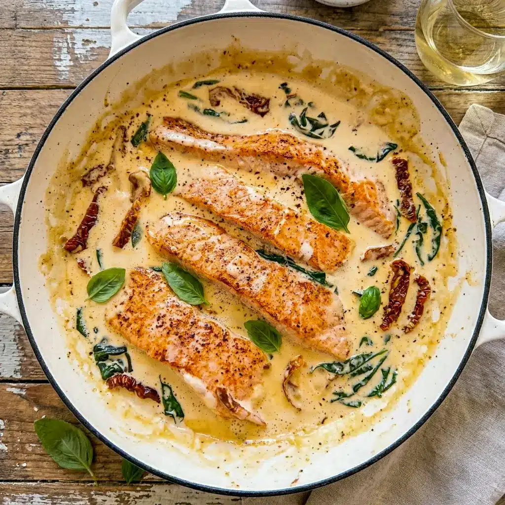 Tuscan Salmon with Parmesan Cream Sauce with a rich white sauce, roasted tomatoes, and greens, inspired by Salmon Cream Sauce Recipes.