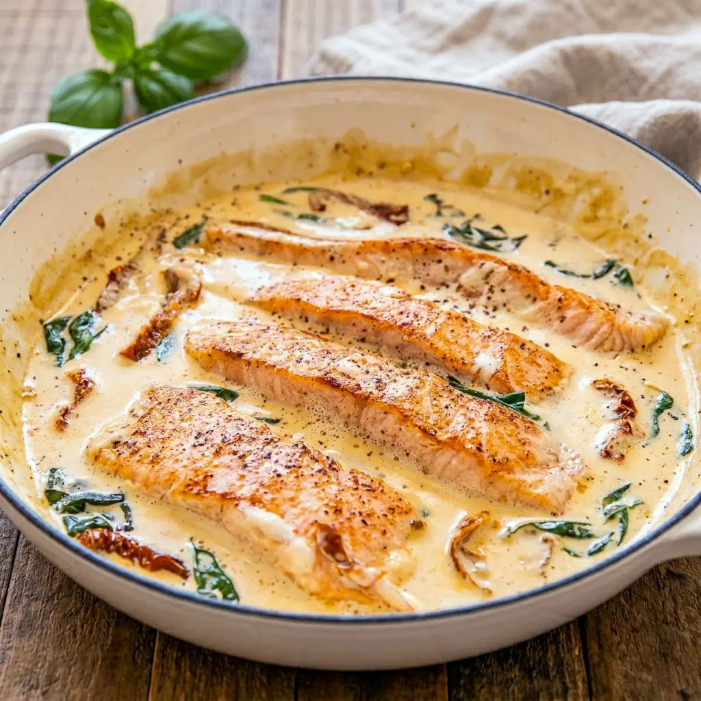 Golden salmon finished in a silky skillet sauce, showing off Tuscan Salmon with Parmesan Cream Sauce and Salmon Recipes With Cream Sauce flavor.