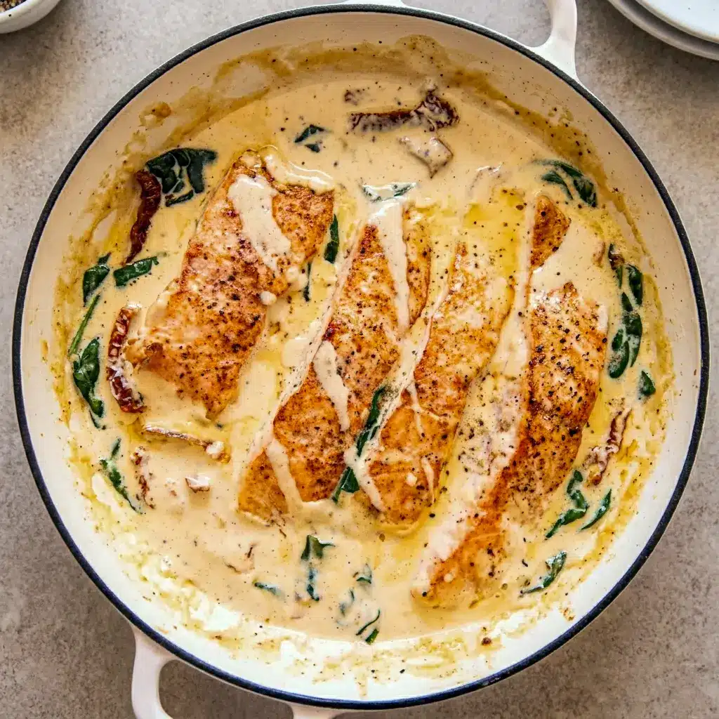 Tuscan Salmon with Parmesan Cream Sauce served in a skillet with spinach and sun-dried tomatoes, styled as an easy Entree Ideas Dinner.