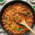 Unstuffed Peppers served as a hearty skillet dinner with beefy sauce and rice, a simple twist on Stuffed Pepper Bowls.