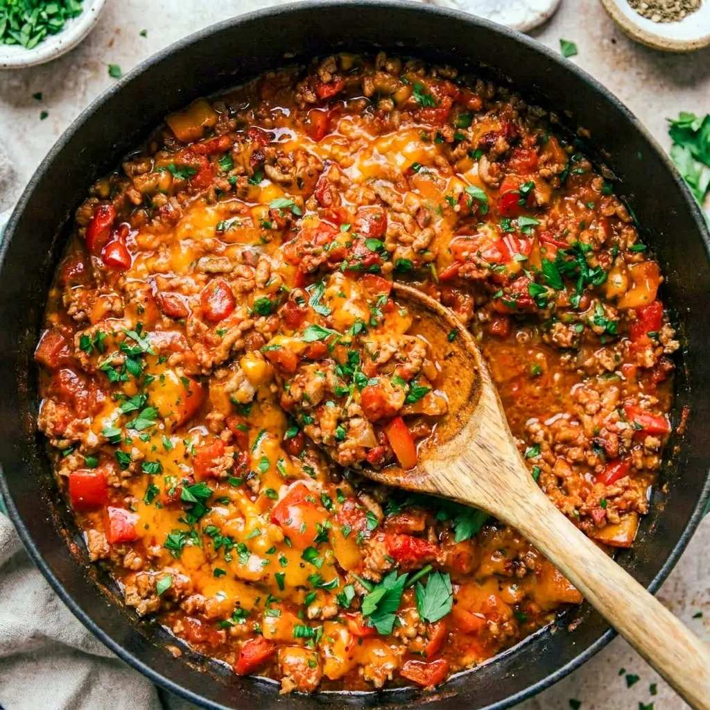 Unstuffed Peppers served as a hearty skillet dinner with beefy sauce and rice, a simple twist on Stuffed Pepper Bowls.