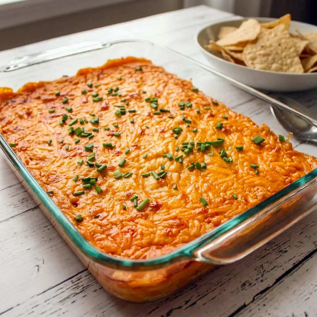 Cheesy White Bean Buffalo Dip in a skillet-style baking dish with creamy beans and melty cheese for flavorful Vegetarian Appetizer Recipes.