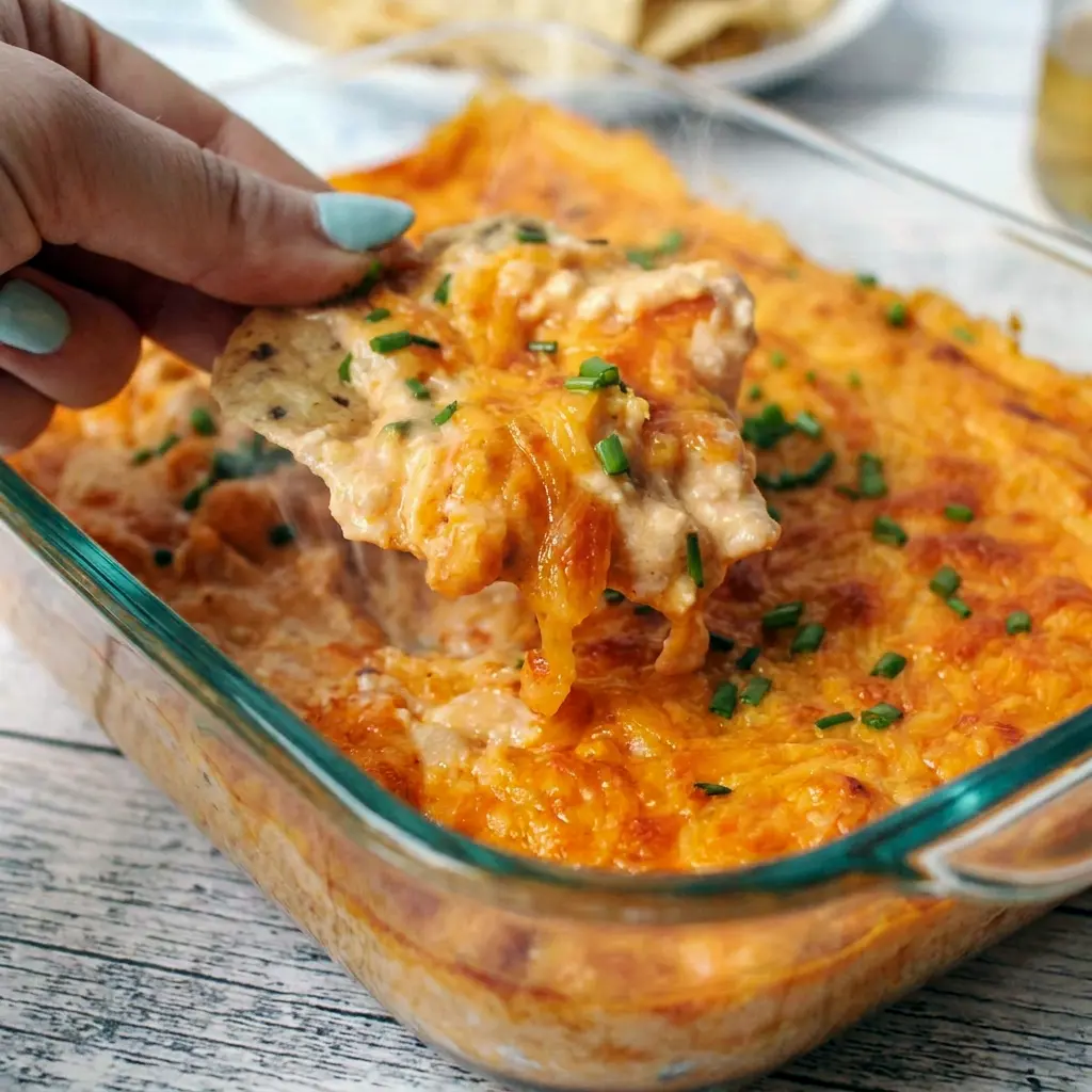 Cheesy White Bean Buffalo Dip baked until bubbly and golden, served with chips for a delicious Easy Party Dips appetizer.