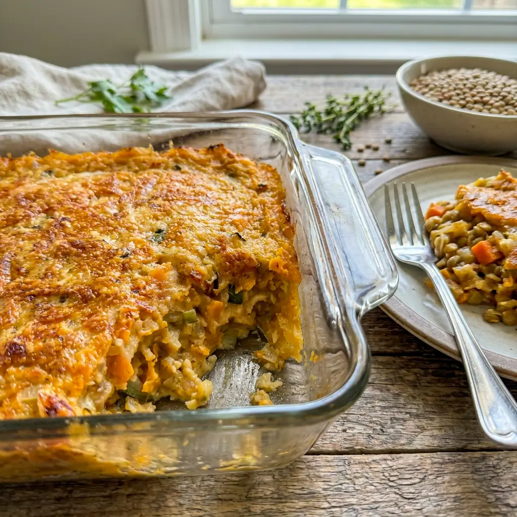 Very Veggie Lentil Bake fresh from the oven, showing exactly How To Make Lentil Bake look simple and delicious.