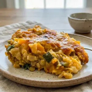Very Veggie Lentil Bake served in a cozy casserole dish, perfect for a Healthy Vegetarian Bake dinner idea.