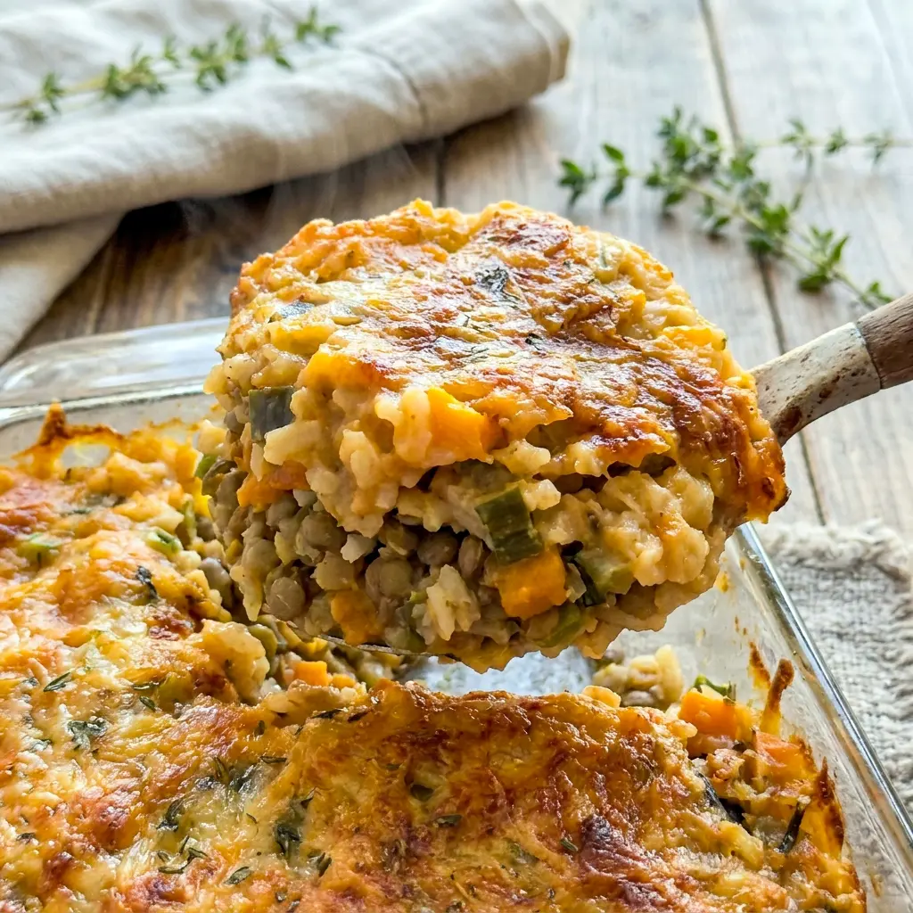 Rustic pan of Very Veggie Lentil Bake with cheesy topping, a tasty Cheesy Lentil Bake for meatless nights.