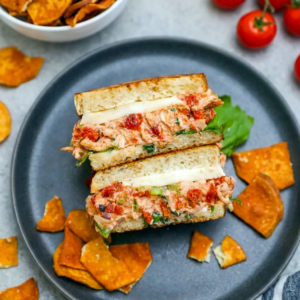 Sun-Dried Tomato Chicken Salad packed into a quick wrap as one of the best Healthy Lunch Ideas With Canned Chicken.