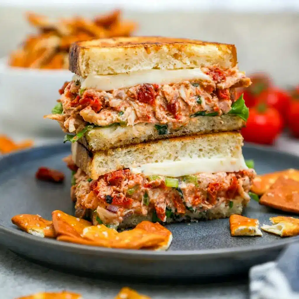 Sun-Dried Tomato Chicken Salad styled as an easy Salad Sandwich Recipe with basil, celery, and tangy sun-dried tomatoes.