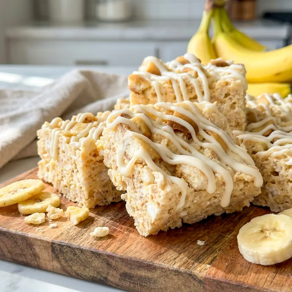Banana Pudding Rice Krispie Treats drizzled with glaze, styled as one of the tastiest Desserts With Banana Pudding for banana lovers.