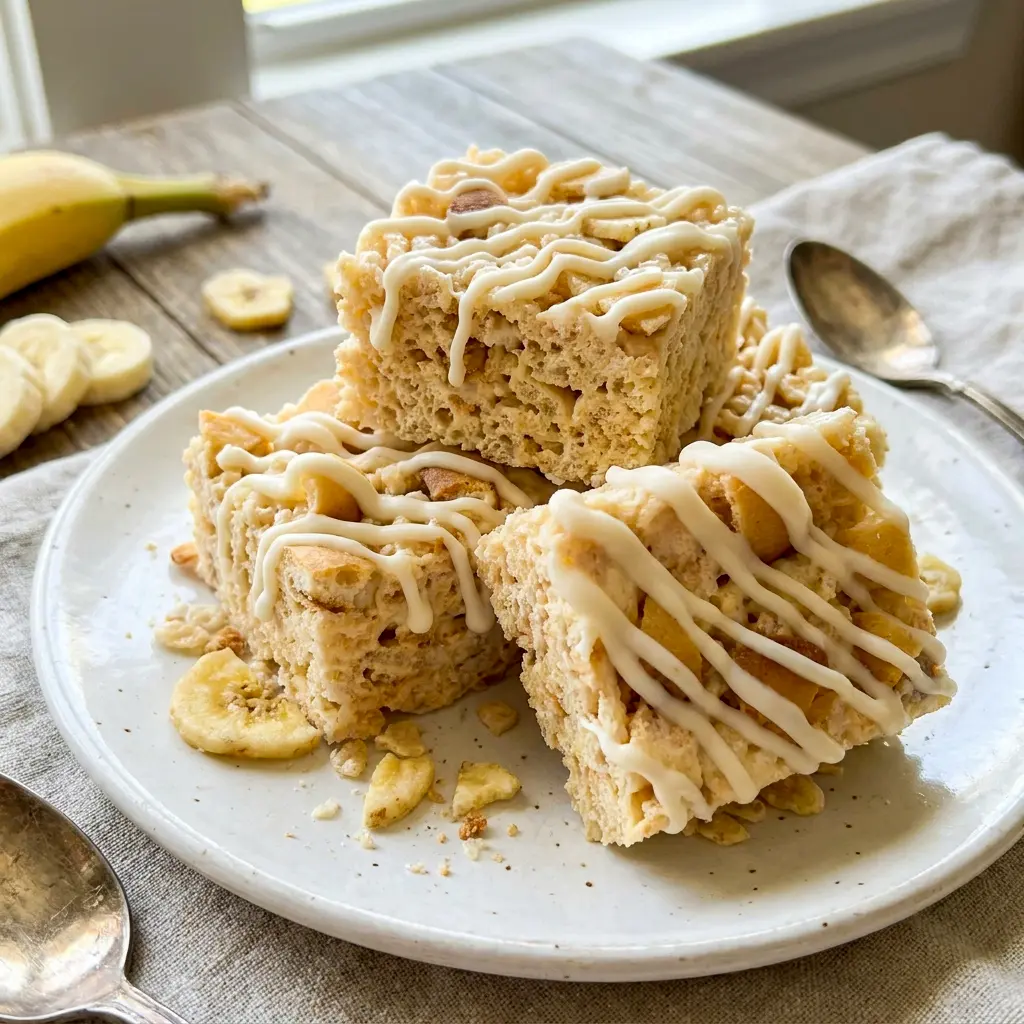 A close-up of Banana Pudding Rice Krispie Treats with crunchy cereal texture, one of the best Things To Make With Rice Krispies for no-bake desserts.