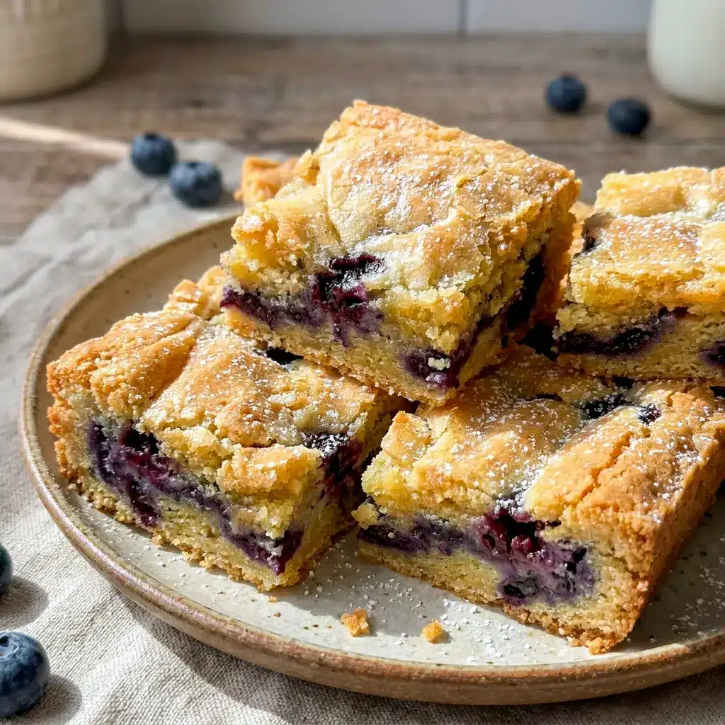 A close-up of Blueberry Blondies styled like classic Cookie Bar Recipes, packed with fruity flavor and white chocolate sweetness.