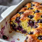 A cozy pan of Blueberry Cottage Cheese Breakfast Bake for Easy Breakfast Ideas On The Go Healthy, topped with fresh berries and golden edges.