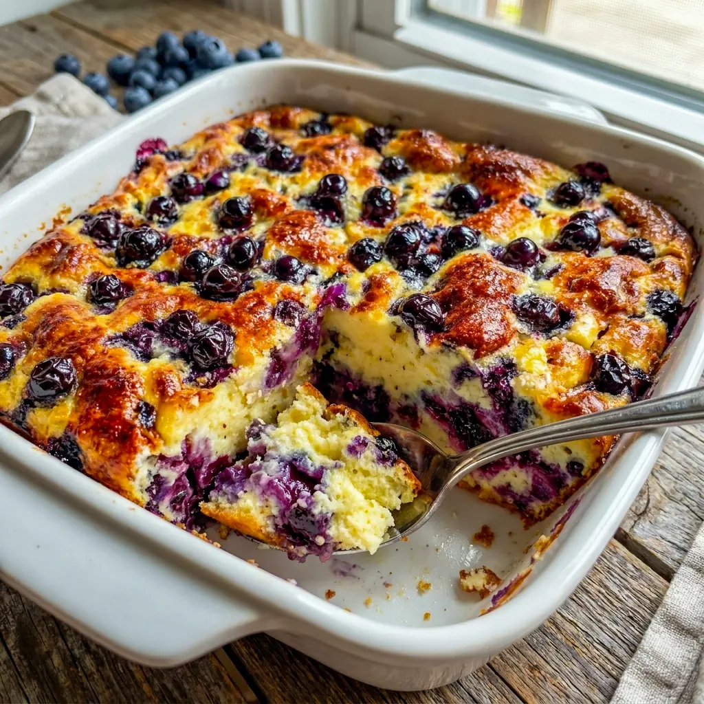 A warm slice of Blueberry Cottage Cheese Breakfast Bake for a Basic High Protein Breakfast, showing a soft, tender texture and juicy blueberries.