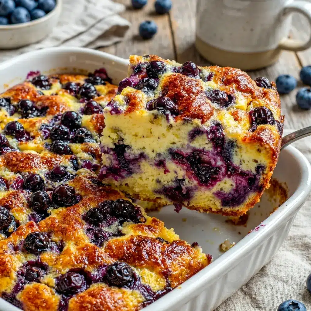 A fresh, baked square of Blueberry Cottage Cheese Breakfast Bake made for Breakfasts With Blueberries, perfect for a simple morning treat.