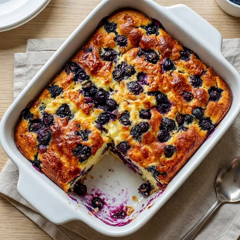 A golden tray of Blueberry Cottage Cheese Breakfast Bake for Daily Breakfast Ideas, served as an easy make-ahead breakfast option.