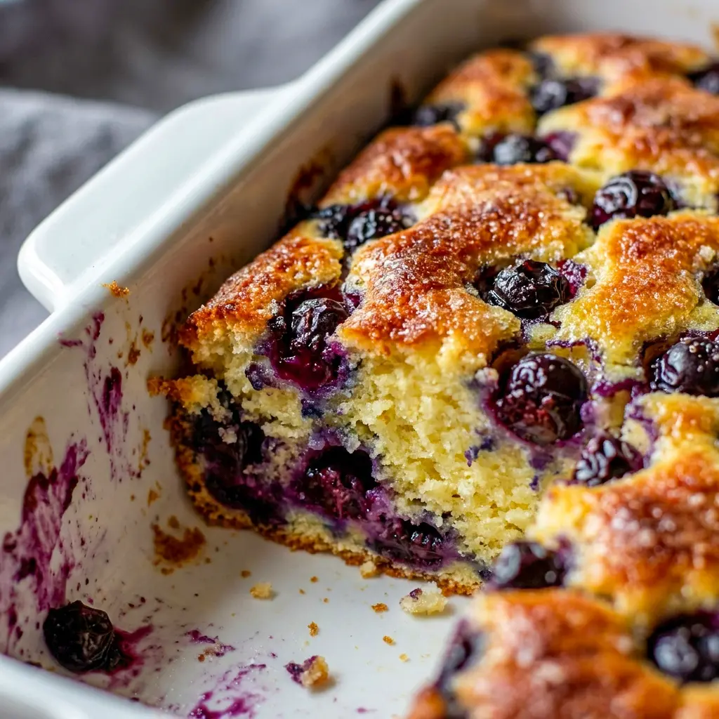 A cozy pan of Blueberry Cottage Cheese Breakfast Bake for Easy Breakfast Ideas On The Go Healthy, topped with fresh berries and golden edges.