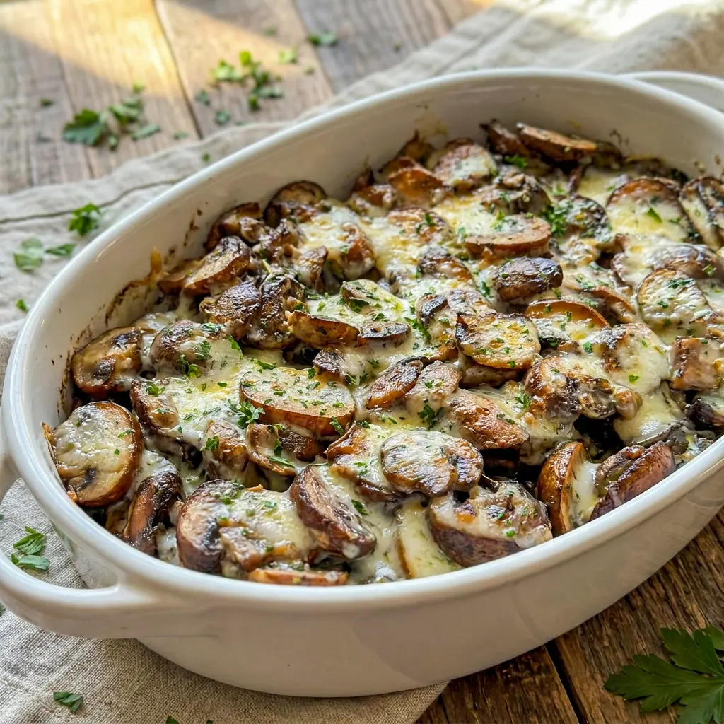 A bubbling side dish of Cheesy Mushroom Casserole that looks like a comforting Stuffed Mushrooms Casserole.