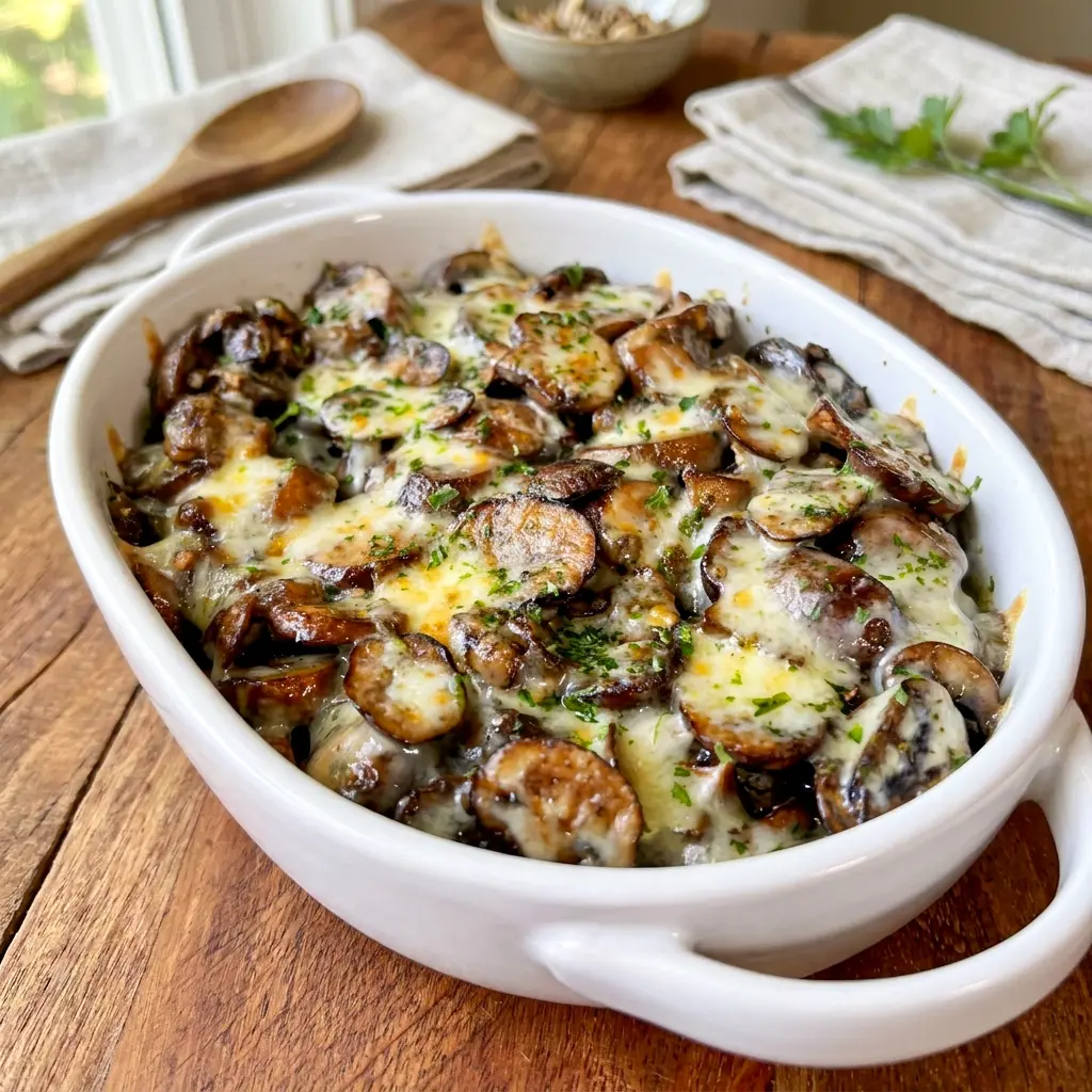 A melty skillet-style serving of Cheesy Mushroom Casserole featuring tender Cheesy Mushrooms and herbs.