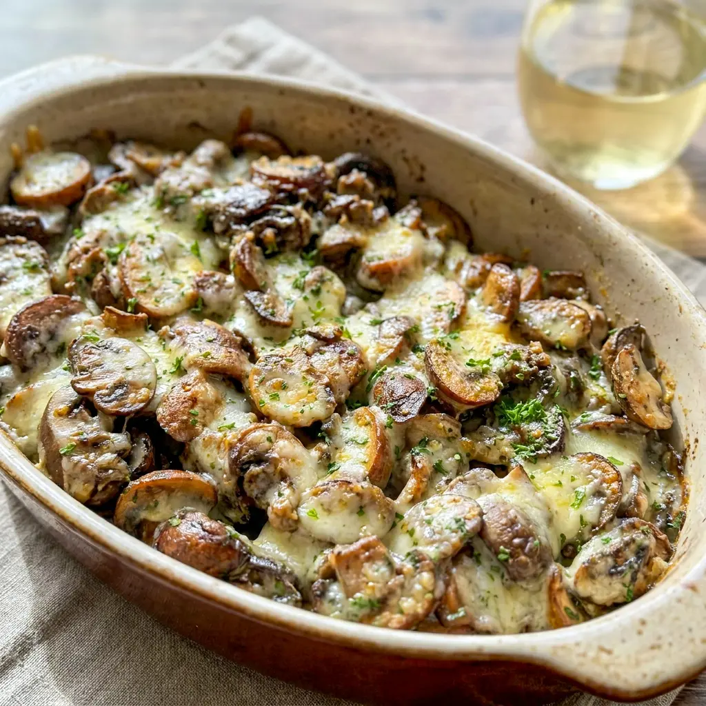 A golden oven-baked side of Cheesy Mushroom Casserole that feels like the ultimate Baked Cheesy Mushroom Casserole.