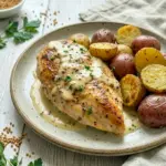 A cozy skillet of Chicken and Potatoes with Dijon Cream Sauce for an easy Easy Chicken Dijon Dinner.