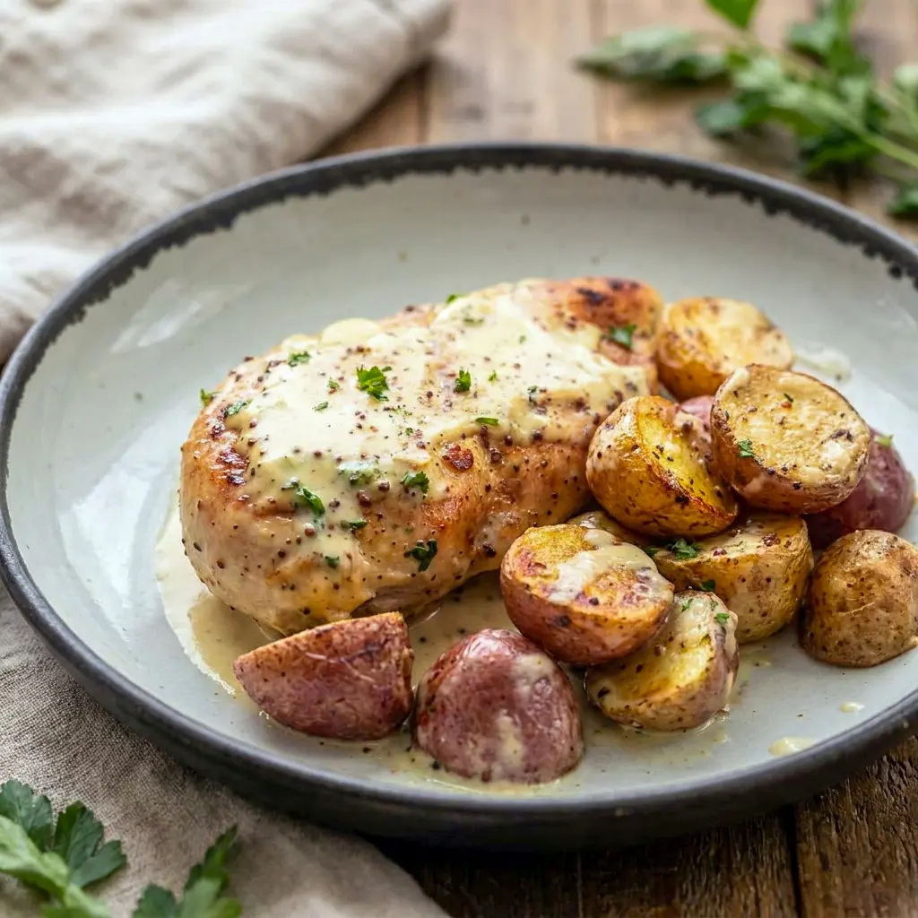 Chicken and Potatoes with Dijon Cream Sauce served warm with herbs for classic Chicken Dinner Potatoes comfort.