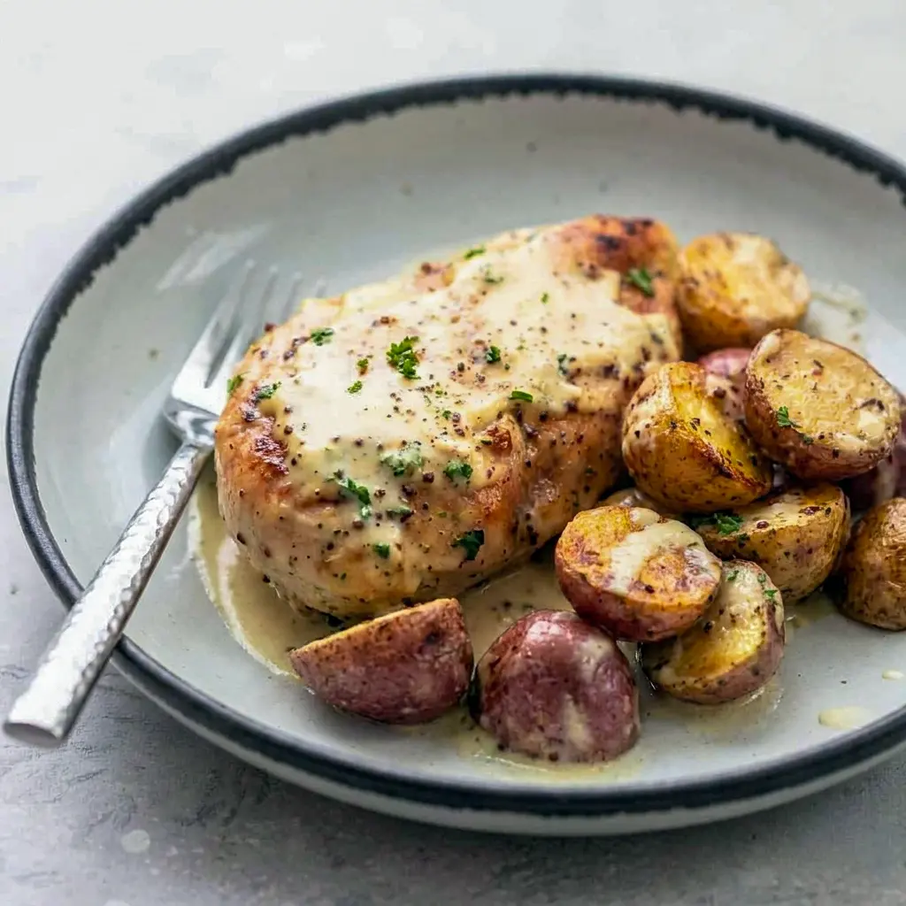Chicken and Potatoes with Dijon Cream Sauce baked in one pan for hearty Chicken And Potatoes In Creamy Dijon Sauce flavor.