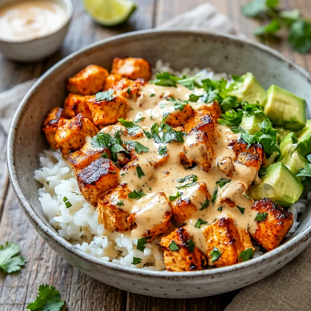 Close-up of Coconut Chicken Rice Bowl with tender chicken and rice, perfect for Healthy Dinner Recipes Prep.