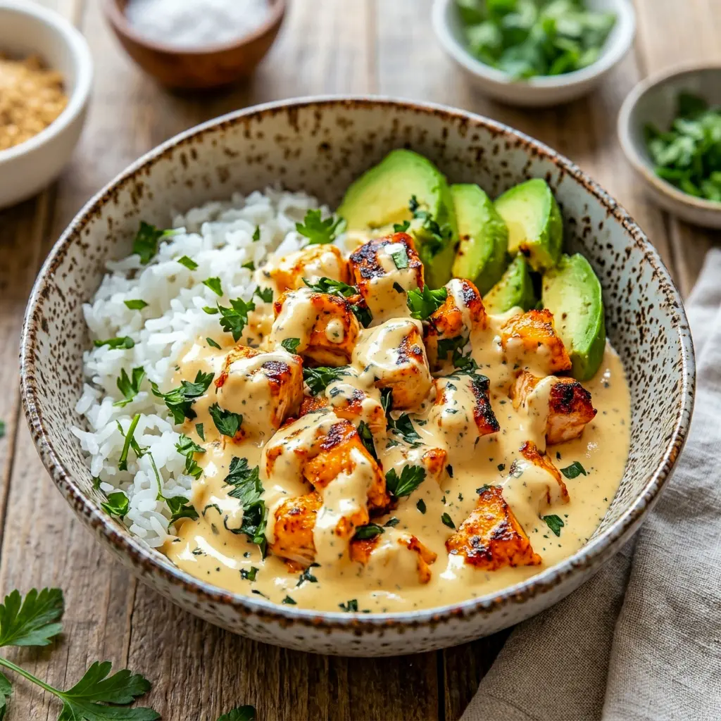 Warm Coconut Chicken Rice Bowl topped with herbs, one of the easiest Meals That Go With Rice for dinner.