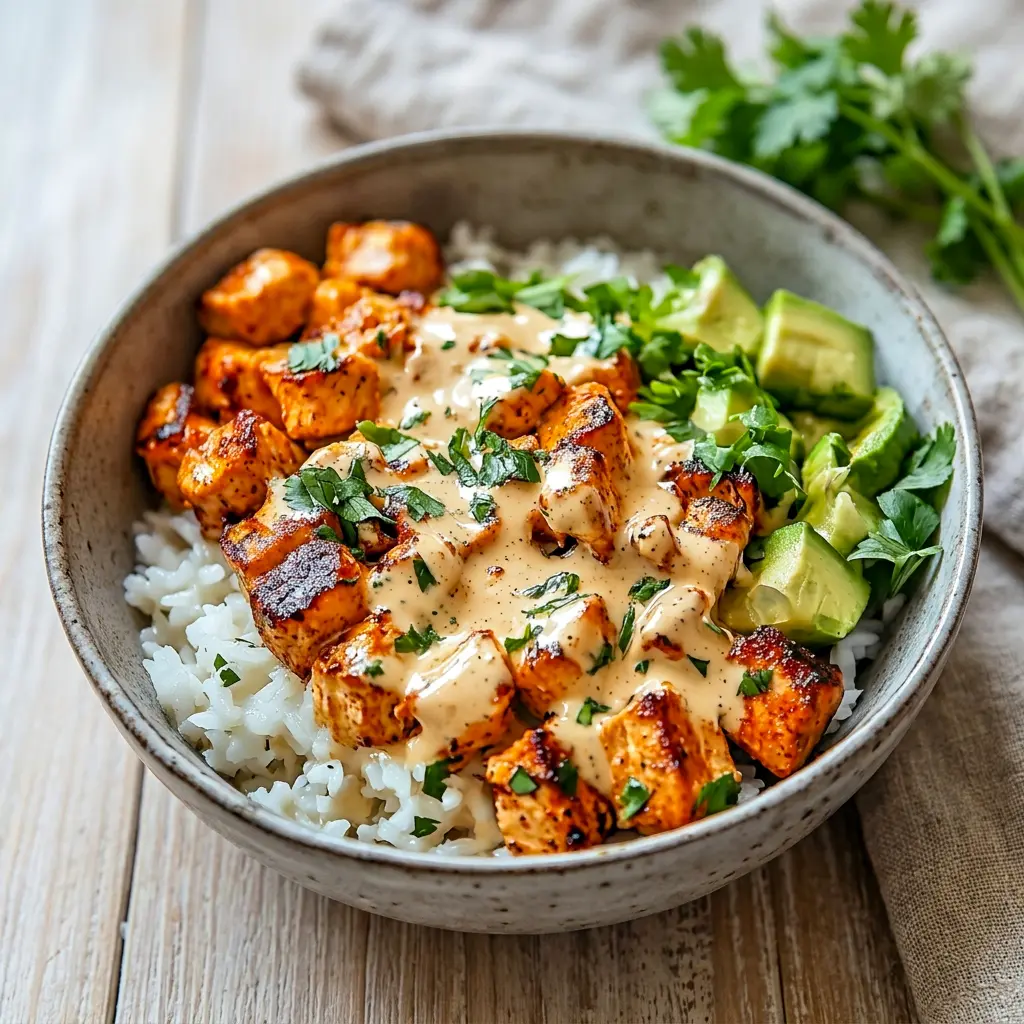 Colorful Coconut Chicken Rice Bowl with cucumber on the side, a simple Easy Healthy Dinner With Rice for busy nights.
