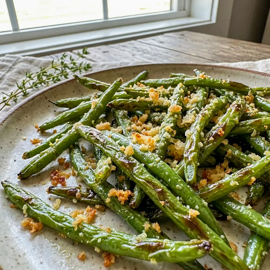 Oven-baked Roasted Parmesan Green Beans on a serving tray, showing how How To Cook Green Beans With Parmesan for a simple, cheesy side.