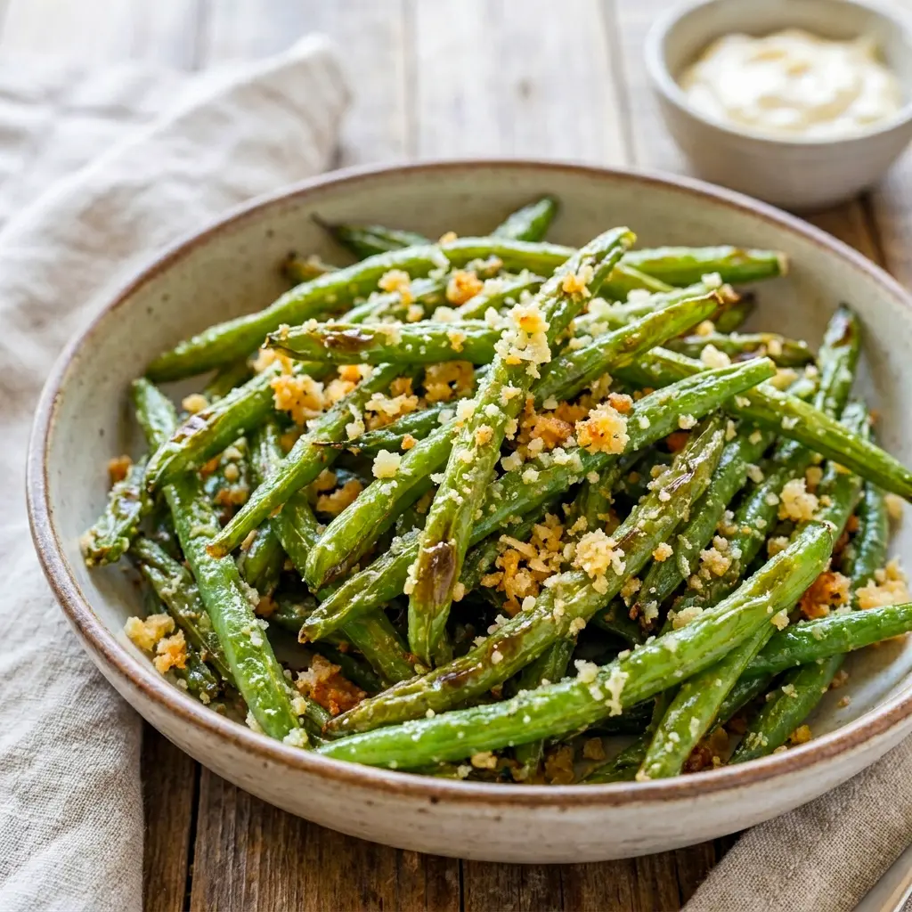 A bright platter of Roasted Parmesan Green Beans with savory crunch, ideal for Healthy Green Bean Recipes Low Carb and busy weeknight meals.