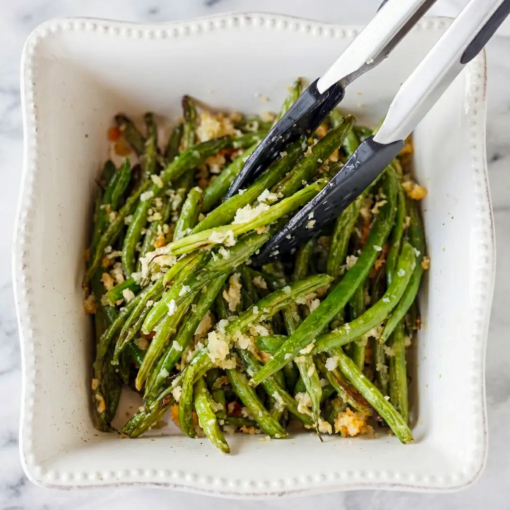 Freshly baked Roasted Parmesan Green Beans with parmesan and garlic, a delicious idea for Simple Garlic Parmesan Green Beans lovers.