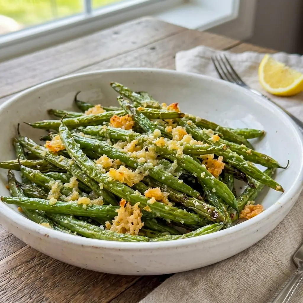 Golden Roasted Parmesan Green Beans with a crisp breadcrumb coating, a tasty pick for Keto Parmesan Crusted Green Beans and easy dinners.