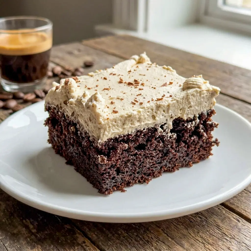 A moist slice of Dark Chocolate Espresso Cake with Brown Butter Frosting with silky frosting, perfect for an Espresso Frosting Cake Recipe that chocolate lovers will save.