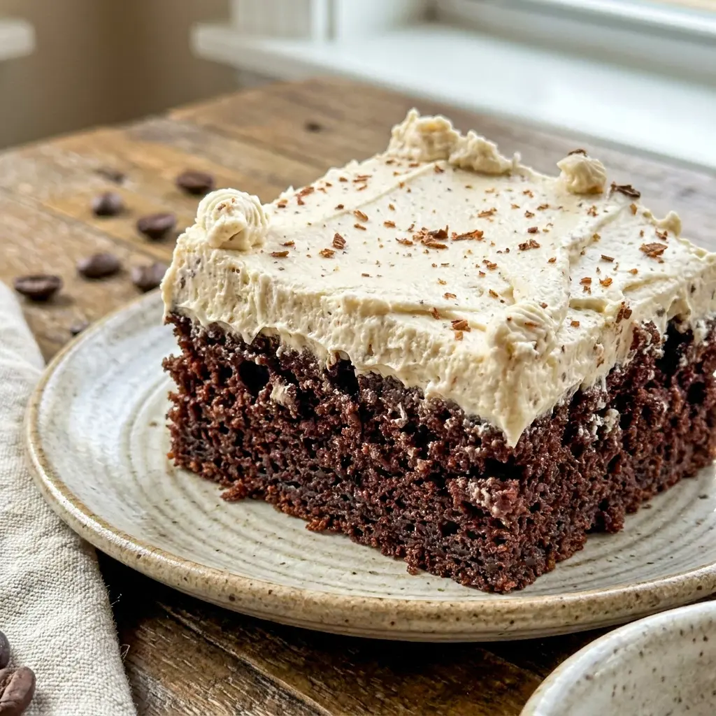 Dark Chocolate Espresso Cake with Brown Butter Frosting topped with dark chocolate shavings, a stunning Desserts With Espresso Powder idea for coffee dessert fans.
