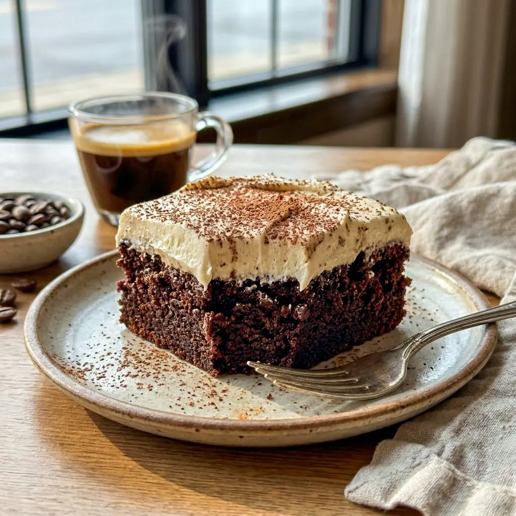 A close-up of Dark Chocolate Espresso Cake with Brown Butter Frosting showing deep cocoa layers, a decadent Espresso Flavored Cake with serious flavor.