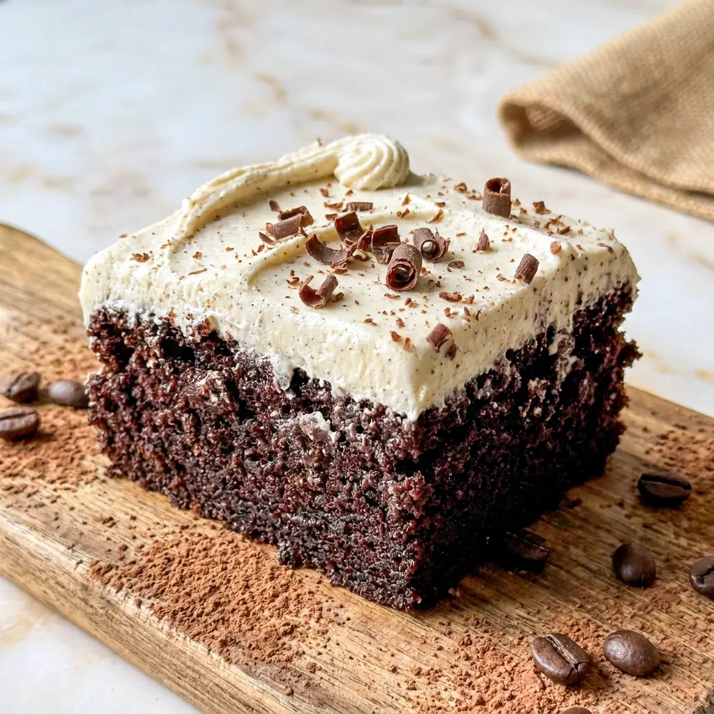 Dark Chocolate Espresso Cake with Brown Butter Frosting styled on a dessert stand, a rich Espresso Infused Dessert that looks bakery-worthy and bold.