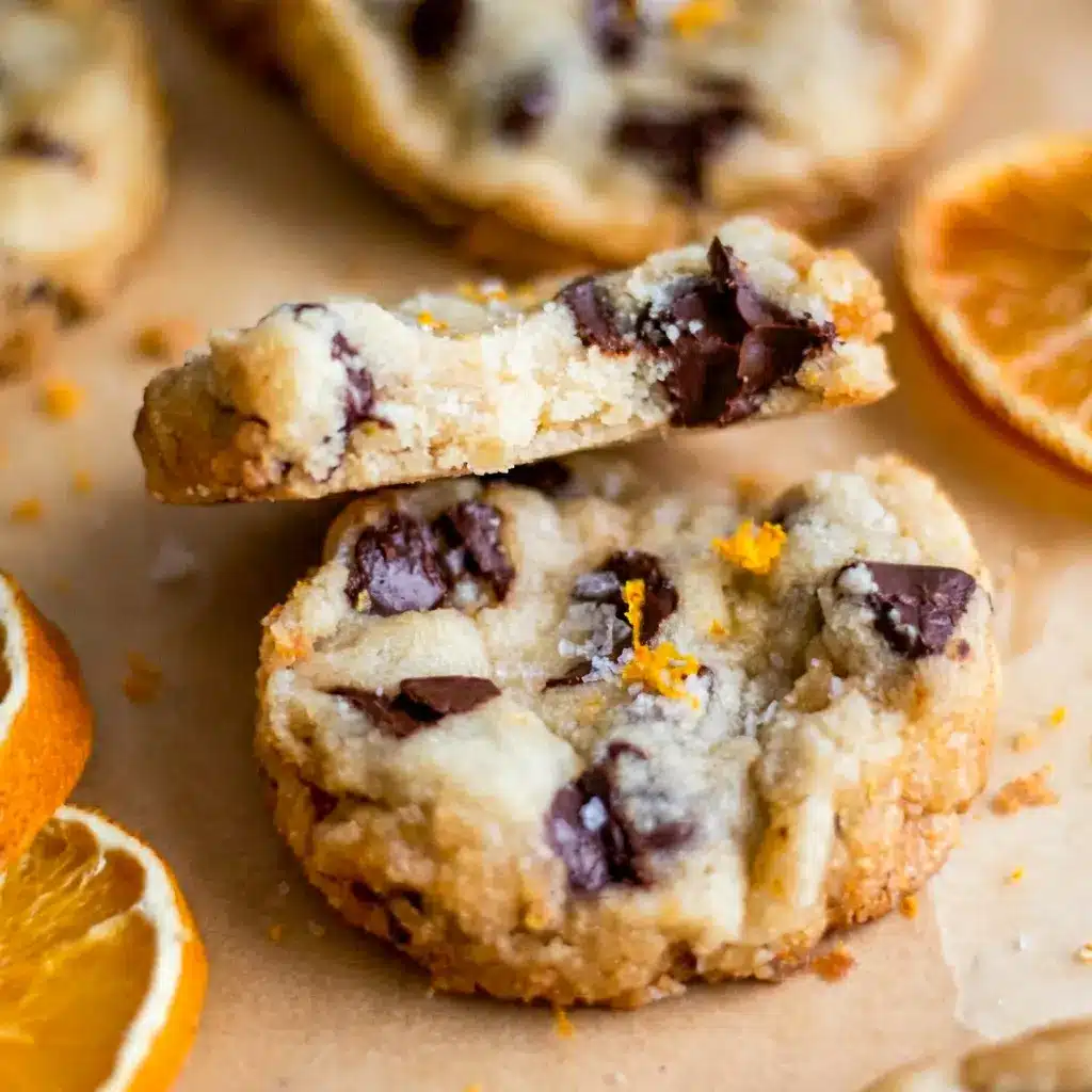 Dark Chocolate Orange Shortbread Cookies inspired by Old World Cookies, arranged in a cozy winter scene with a cup of tea and a holiday linen napkin.
