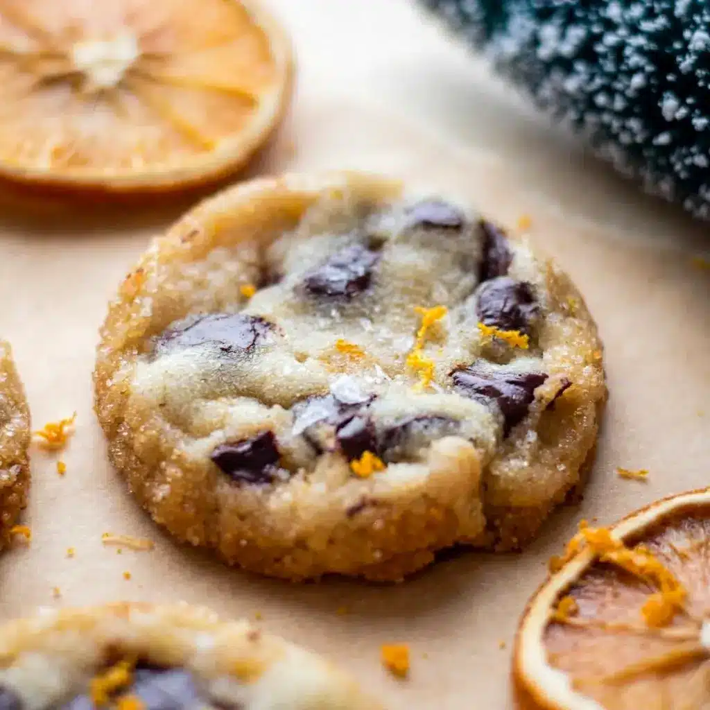 Dark Chocolate Orange Shortbread Cookies shown as Unique Chocolate Chip Cookies, highlighting the dark chocolate chunks and bright citrus flavor in every bite.