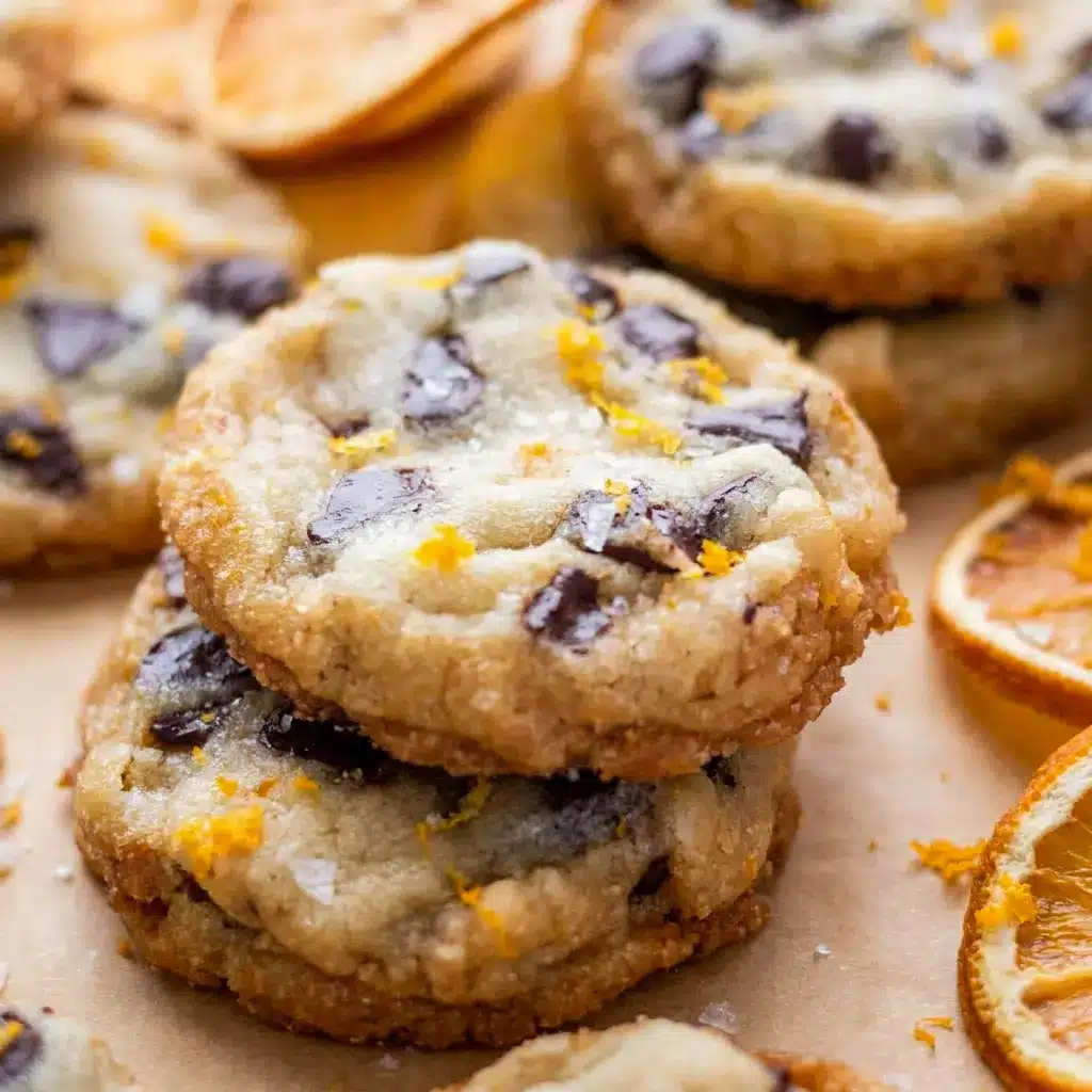 Dark Chocolate Orange Shortbread Cookies with Cookies With Orange on a rustic holiday plate, topped with orange zest and flaky sea salt.