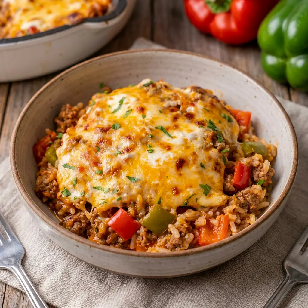 Deconstructed Stuffed Peppers topped with melted cheese, a hearty Healthy Unstuffed Peppers Dish for dinner.