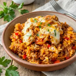 Deconstructed Stuffed Peppers served in a skillet, an easy Unstuffed Pepper Recipe for busy weeknights.