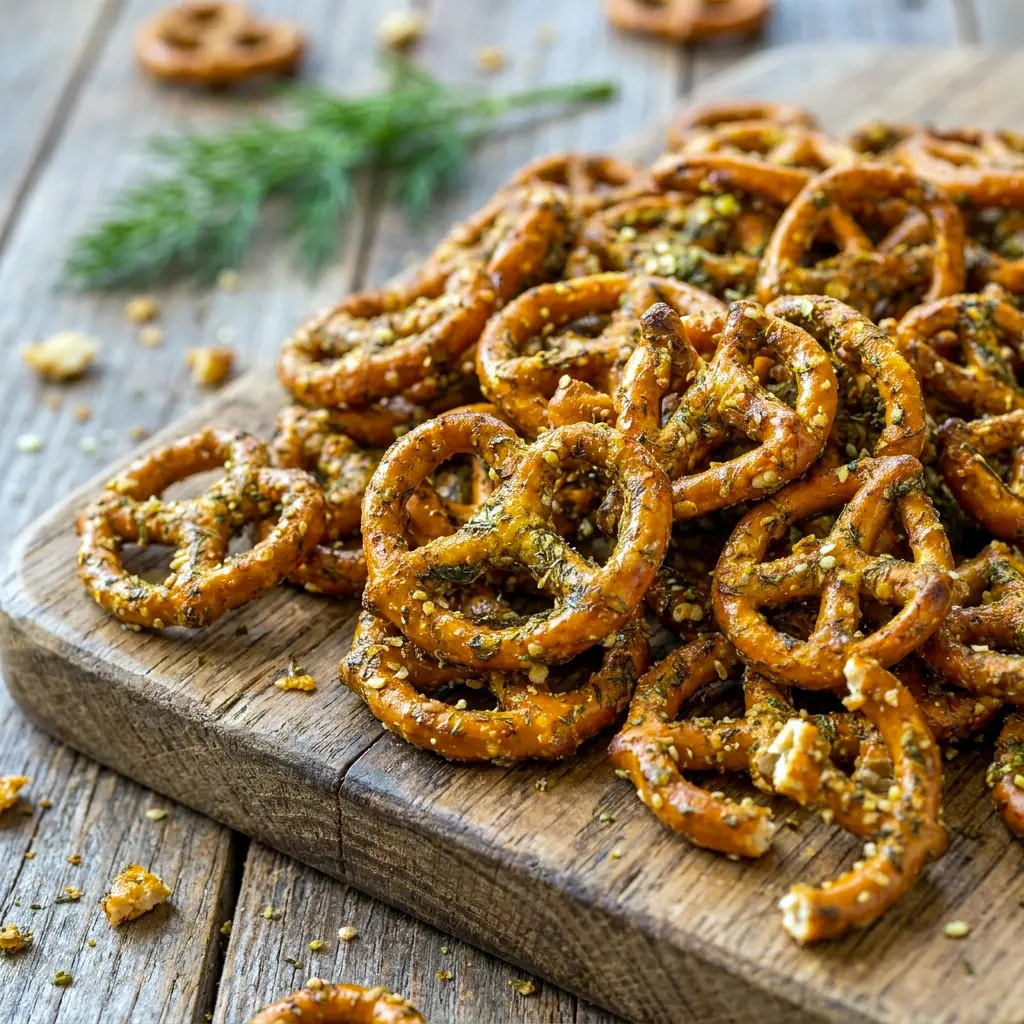Close-up of Dill Pickle Pretzels with bold seasoning, perfect for fans of Spicy Dill Pretzels and tangy flavor.