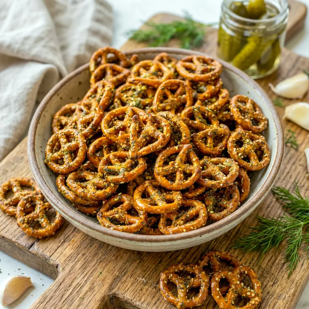 A snack board featuring Dill Pickle Pretzels as fun Snacks For Party Healthy alongside dips and fresh bites.
