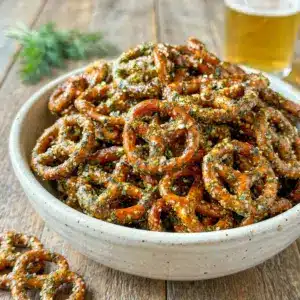 Dill Pickle Pretzels in a white bowl with crunchy Pickled Pretzels piled high for an easy party snack.