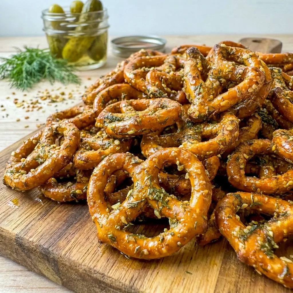 Bowl of Dill Pickle Pretzels ready for game day, one of the best Snacks To Go With Beer and Sharable Snacks.