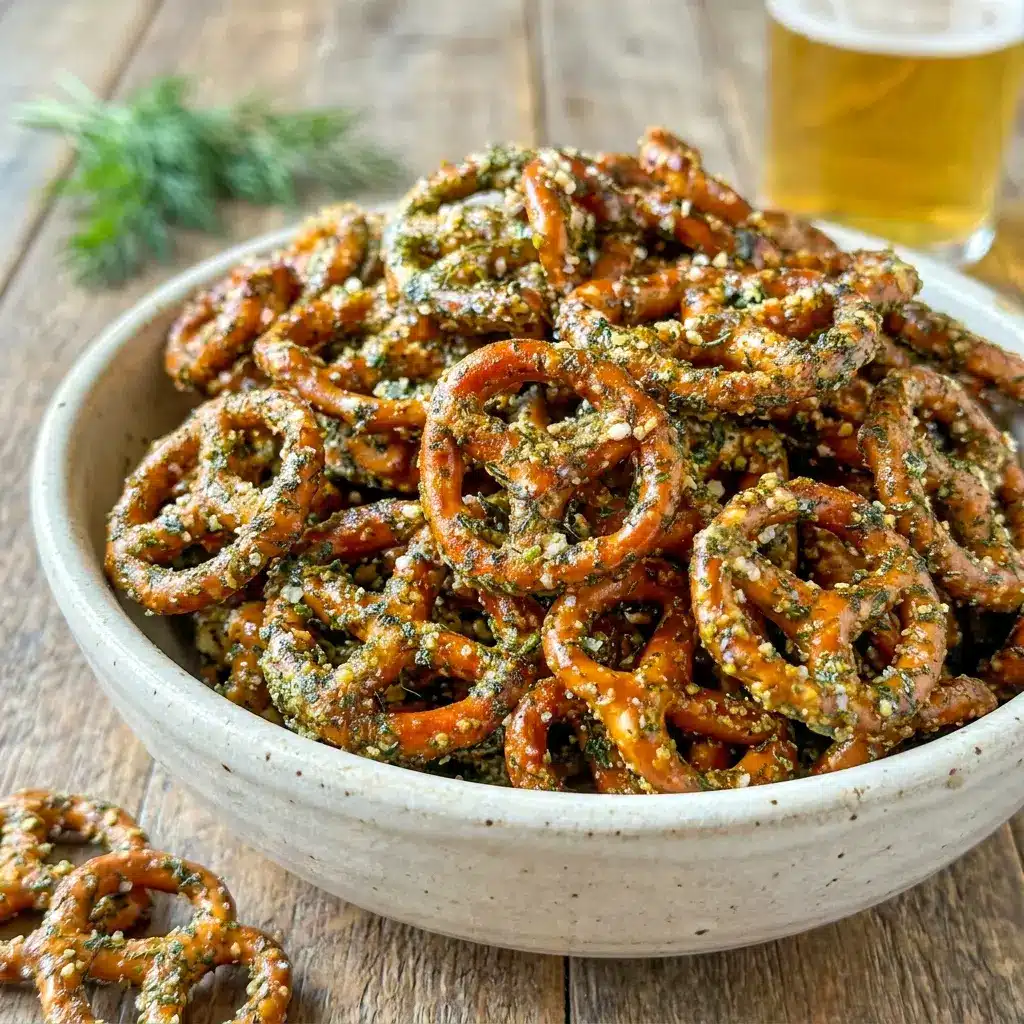 Dill Pickle Pretzels in a white bowl with crunchy Pickled Pretzels piled high for an easy party snack.